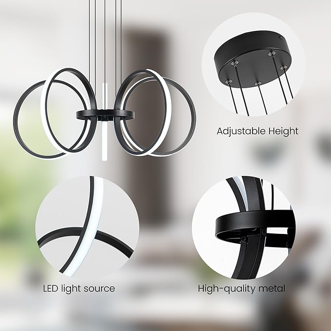 Mayful Modern LED Chandelier, Black Pendant Light with 5 Rings, Adjustable Height Modern Chandeliers for Dining Room Living Room Kitchen Bedroom Entryway,6000K Daylight