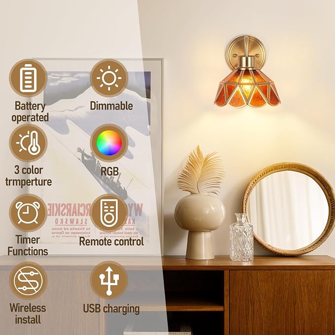 Battery Operated Sconces Set of 2, Vintage Wall Light with Remote, Rechargeable Wall Sconces RGB, No Socket Required, Easy to Install, Battery Operated Wall Sconce for Bedroom, Hallway, Aisle