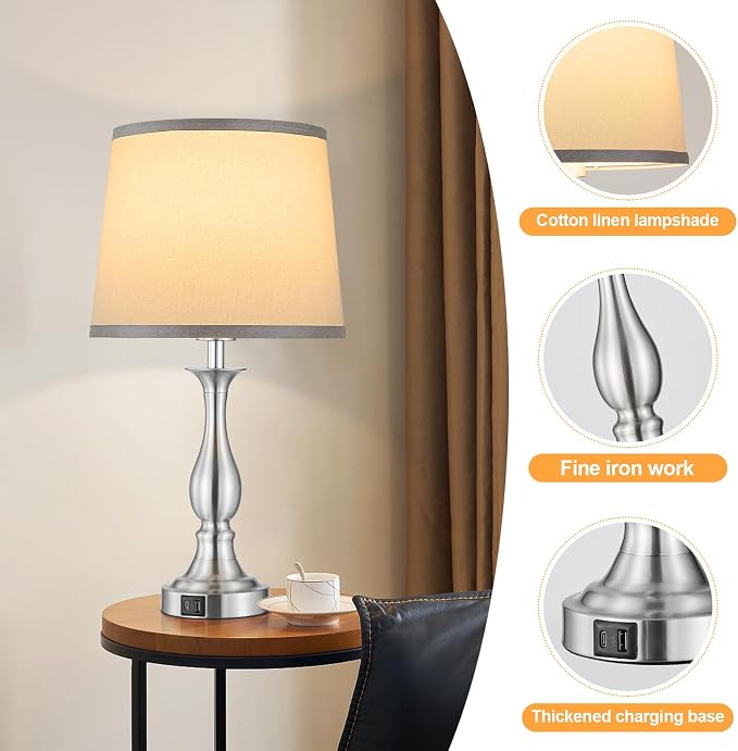Bedside Table Lamp Touch Control Bedroom Lamps with USB A + C Charging Port 3 Way Dimmable Touch Lamps for Nightstand Living Room Bedroom Dorm Home Office Reading, Set of 2 (Grey Shade & Nickel Base)