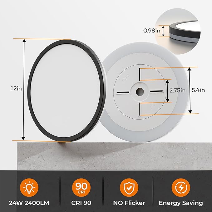 Matane 12 inch LED Flush Mount Ceiling Light with Night Light, 2400LM Dimmable, 3000K/4000K/5000K Selectable, Round Ultra-Thin Black Ceiling Light Fixture for Bedroom, Kitchen, Hallway, Closet