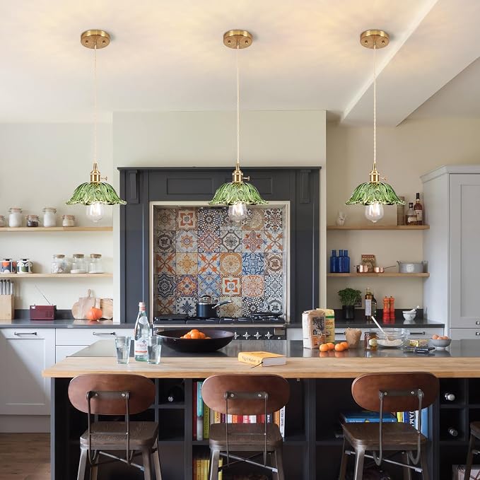 Glass Pendant Light Vintage Light Fixtures,Green Modern Chandelier Pendant,E26 Pendant Lights Kitchen Island,10.6 inch Hanging Lamp for Bedroom Hotel Dining Room 1 Light