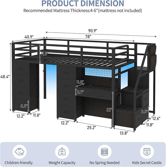 Twin Loft Bed with Desk, 12 Drawers, RGB Lights & Wide Step Stairs, Black | Built-in Power Outlet, Clothes Rack, Pockets, Display Grid, Under Bed Play Fort, 11.8''H Safety Guardrail & Ladder