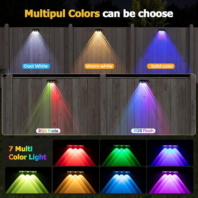 Solar Fence Lights,8 Pack Solars Deck Light,RGB Color,Outdoor Bulb Waterproof Led IP65,Power Patio Lamp with Lenses for Outside/Backyard/Railing/Yard(Black)