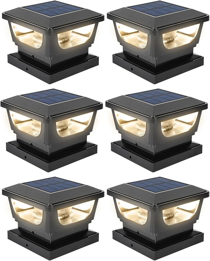 Sumaote Solar Post Cap Lights, 120 Lumen 3000K Warm White LED for 3x3 Metal/Vinyl & 4x4 Wood Posts, IP65 Waterproof Outdoor Garden Fence Deck Lighting, Dusk-to-Dawn Auto On/Off (6 Pack)