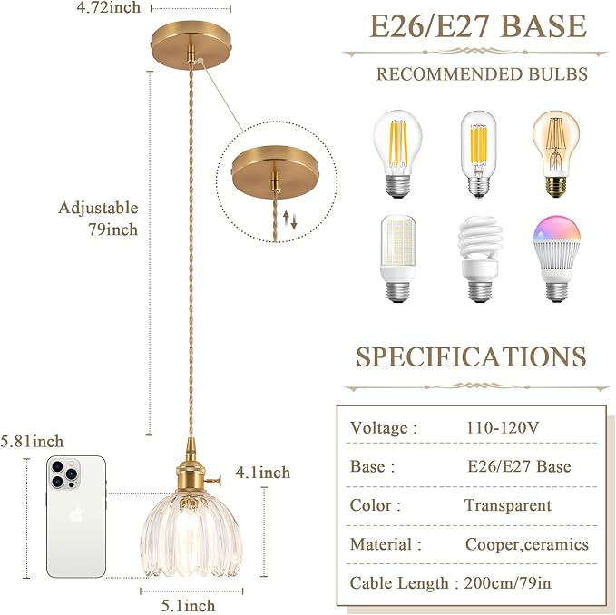 Pendant Light Fixtures,Mini Hanging Lights 5.1Inch E26 Transparent Glass Vintage Pendant Light for Bedroom Living Room Hallway