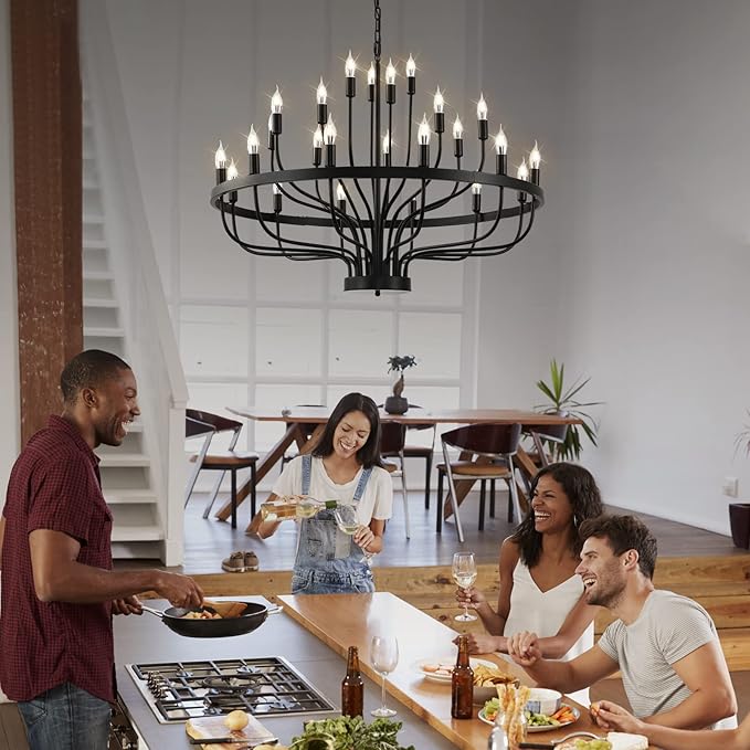 Black Chandelier 24 Light, Modern Farmhouse Chandelier for Dining Room, Round Industrial Candle Chandeliers Light, Wagon Wheel Chandelier 39in 3-Tier for Hallway, Living Room, Foyer, Island Lights