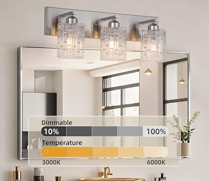3-Light Crystal Bathroom Vanity Light Over Mirror, Nickel Modern Wall Light Fixture for Bathroom, Living Room, Bedroom, Hallway