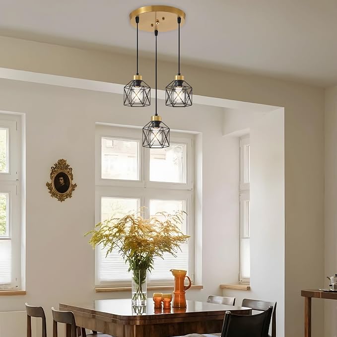 Black and Gold 3-Light Pendant Light Fixture, Farmhouse Hanging Pendant Lighting, Dining Room Chandelier, Industrial Hanging Light Fixture, Metal Cage Pendant Ceiling Lamp for Kitchen
