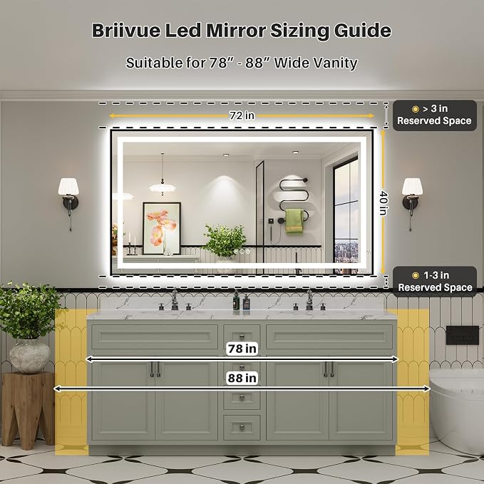 72x40 Inch LED Bathroom Mirror with Black Frame, Backlit & Front Lit | Anti-fog, 3 Color Dimmable, Memory Function, HD Reflection Tempered Glass, ETL Listed, IP54 Waterproof