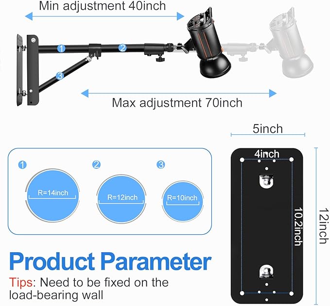 EMART Ring Light Wall Mount Boom Arm, Adjustable 71in/180cm Mounted Overhead Stand, 180°Rotation Heavy Duty Triangle Bracket Mounting Bar for Camera, Photography Lighting, Barber Led Lamp