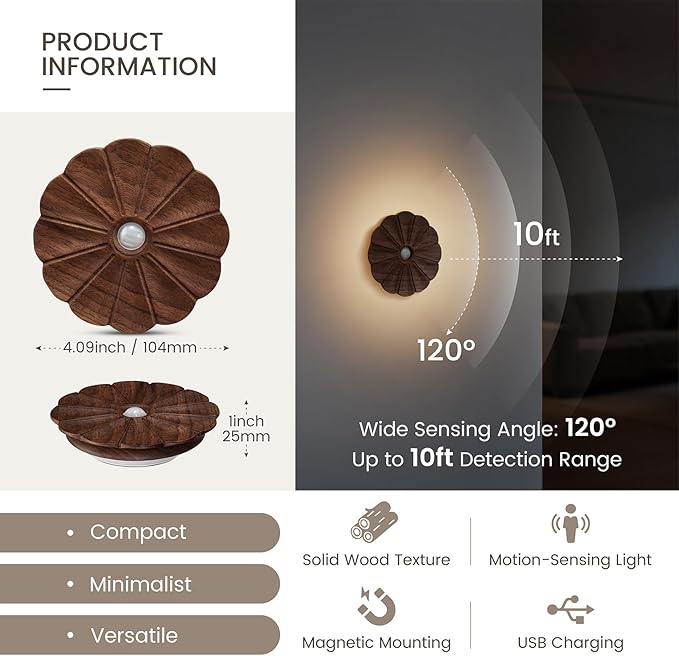 Motion Sensor Night Light, Rechargeable Wooden Flower Lights, Magnetic | Flower Night Light 2Pack, Warm White 3000K , Magnetic Stick-on , Sensor Light for Stair, Hallway, Bedroom, Black Walnut