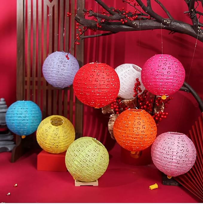 Set of 5 Paper Lanterns 8inches with LED Lights New Year Spring Festival Valentines Lanterns Variety Color, Hanging Paper Lanterns with Tassels Walking Sticks for Wedding Dinner Birthday Party Decor