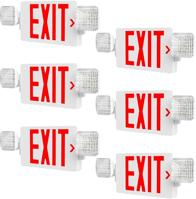 Amico 6 Pack Red Double-Sided Exit Sign with Emergency Lights, Two LED Adjustable Head with Battery Backup, ETL Certified, AC 120/277V, Commercial Emergency Lights Combo for Business