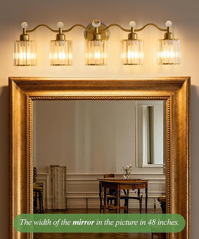5-Light Gold Bathroom Light Fixtures,Modern Bathroom Vanity Lights Fixture with Clear Crystal Glass Shade, Modern Crystal 5 Lights Wall Sconce for Mirror Bedroom Living Room