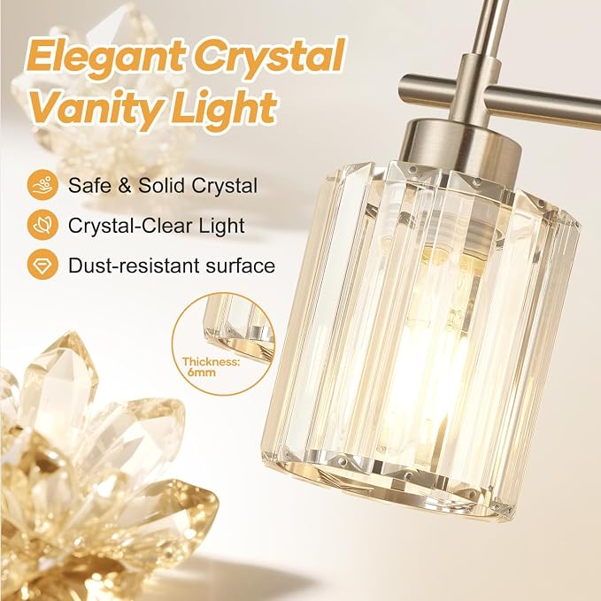 Modern Crystal Vanity Light Fixtures, 4-Light Brushed Nickel Bathroom Vanity Lighting Over Mirror, Bathroom Light Fixture with K9 Clear Crystal Shades for Bedroom, Living Room, Hallway
