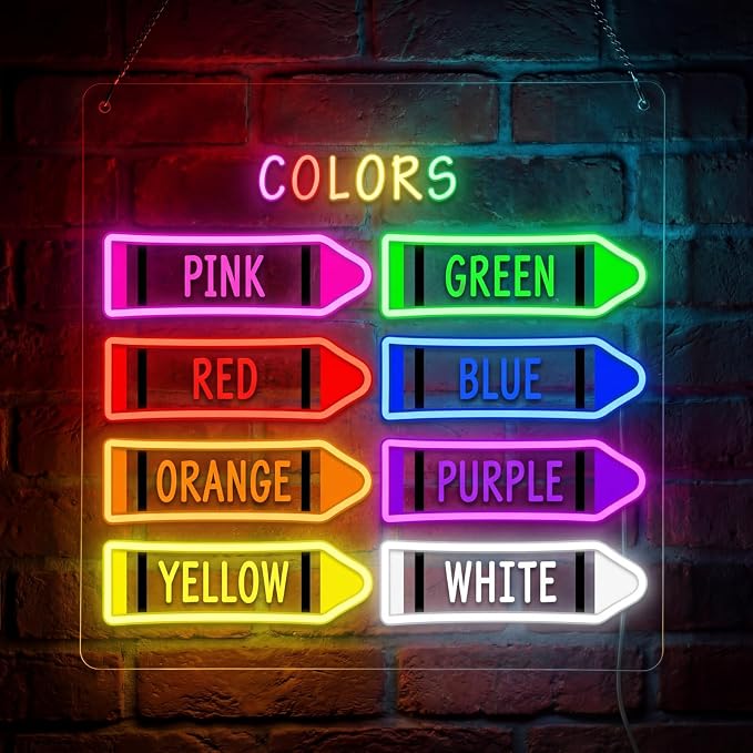 15.8 x 11 Inches Classroom Crayon Colors Neon Sign Back to School Colorful LED Neon Sign Crayon Wall Door for Classroom Playroom Kindergarten Hanger Decor