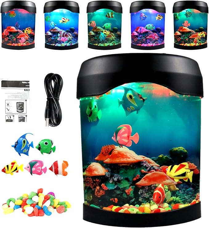 Toycol Fake Fish Lamp, Nightly Lifelike Desk Electric Mood Light, LED Light Tank with 6 Color Changing and (5 Fake Fish) Mini Aquarium for Home Office Deco Adults,Gifts for Kids and Adults