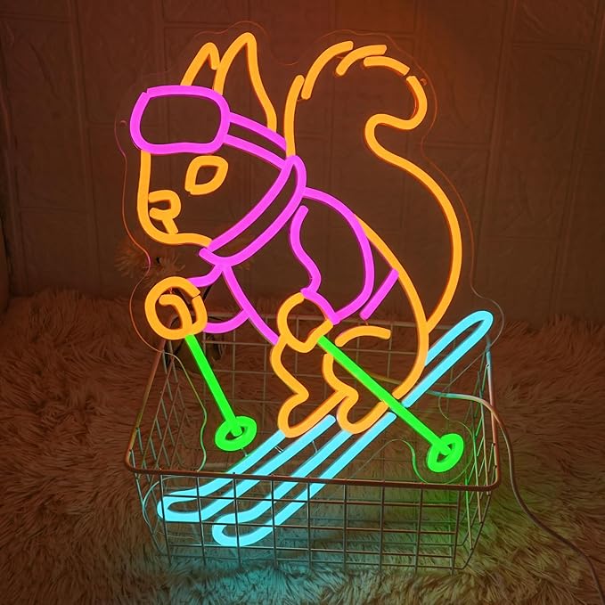 Squirrel Skiing Neon Sign Squirrel Snow Skiing Neon Lights for Kid Room Decor Animal LED Neon Signs for Skiing Shop Wall Art, Snow Skiing Club Led Wall Decor