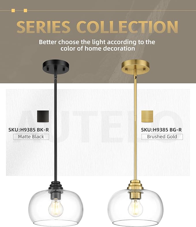 AUTELO 2 Pack Gold Pendant Lights, Glass Pendant Lights Kitchen Island with Clear Drum Glass, Industrial Pendant Ceiling Lights with Adjustable Rods for Kitchen Dining Room Bar, H9385 BG-R-2PK