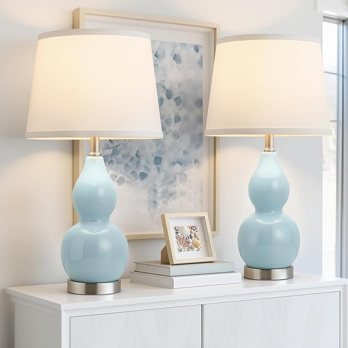 GyroVu 22" Table Lamp Set of 2, Color Temperature Adjustable Double Gourd Ceramic Lamps Classic Nightstand Table Lamps for Bedroom Beside Lamps for Living Room, Sky Blue-Bulbs Included