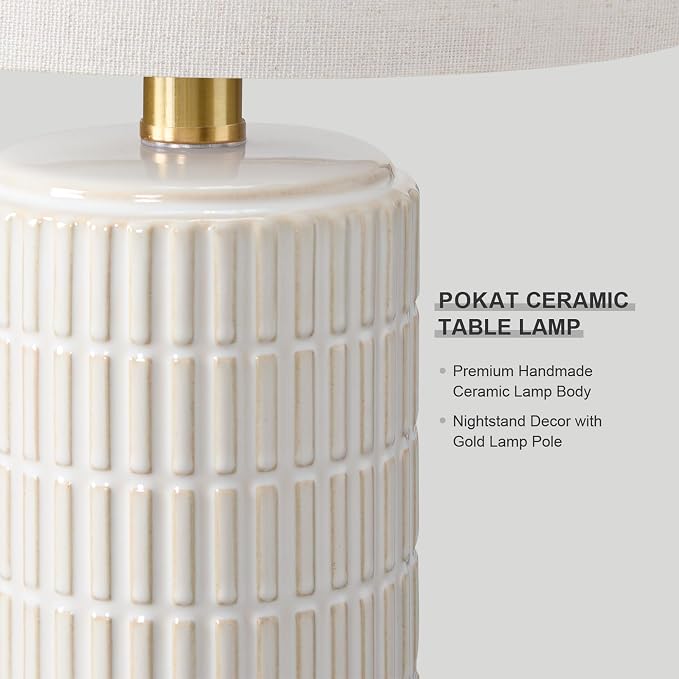 PoKat 21'' Modern Ceramic Table Lamp with Gift Box, White for Bedroom,Small | Bedside lamps for nightstands, gold pole design, farmhouse home decor for living room, ideal housewarming gift for women