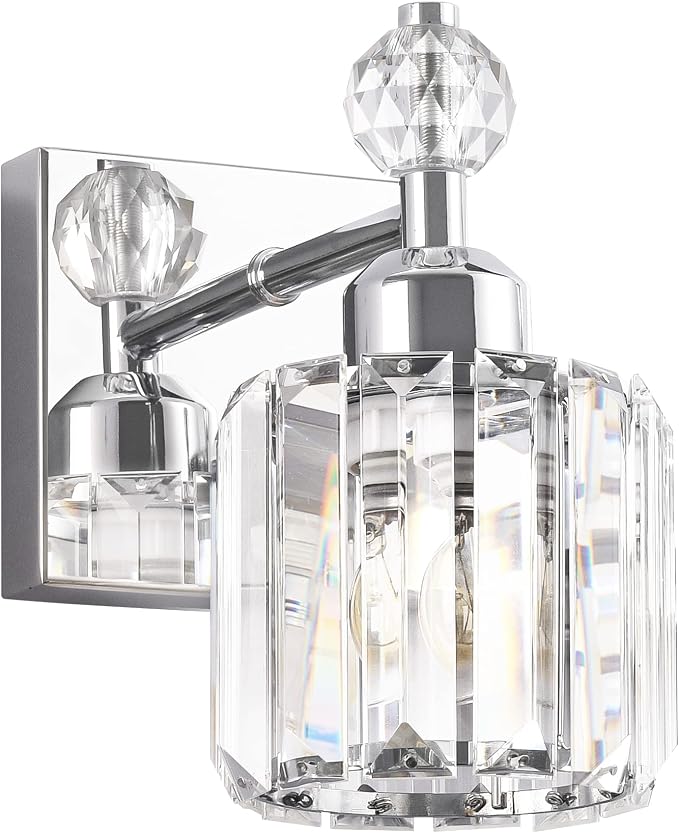 PRESDE Single Crystal Wall Sconce, Modern Chrome Vanity Light Fixture, 1-Light Wall Lamp for Bathroom Bedroom Hallway