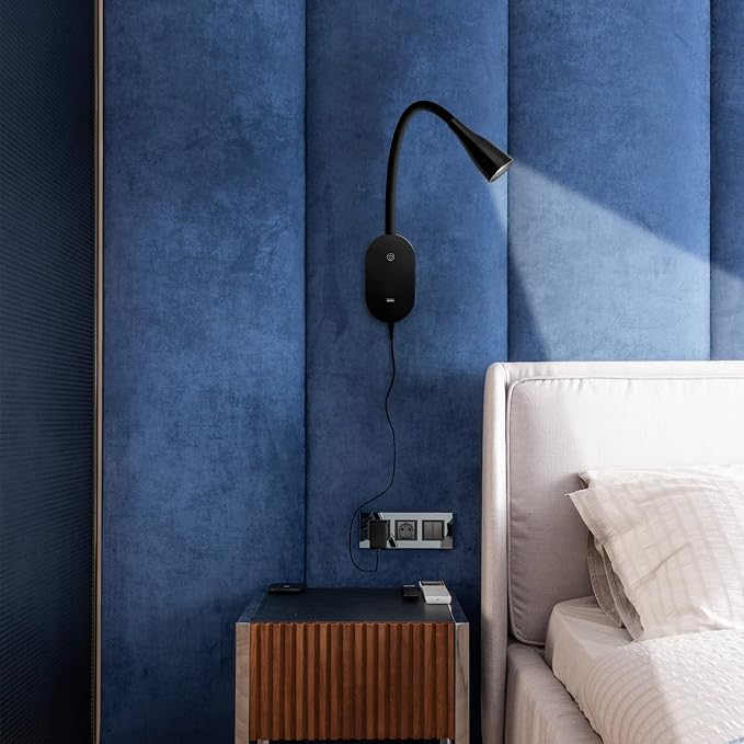 Wall Reading Light, Book Light for Reading in Bed, Touch Control USB Output Modern Reading Lamp,5 Dimmable LED Flexible Gooseneck 4000k Bed Lights, Easy to Install Black | Focused bedside light with touch dimming, flexible gooseneck, USB charging and a...