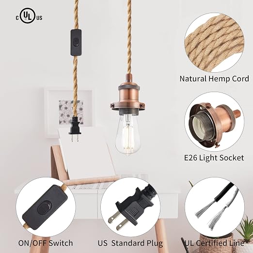 15.4ft Pendant Light Cord Kit, Industrial Vintage Plug in E26 Socket Hanging Light with Switch, Hemp Rope Hanging Light Fixture for Pendant Lamp Farmhouse Lamp Cable DIY