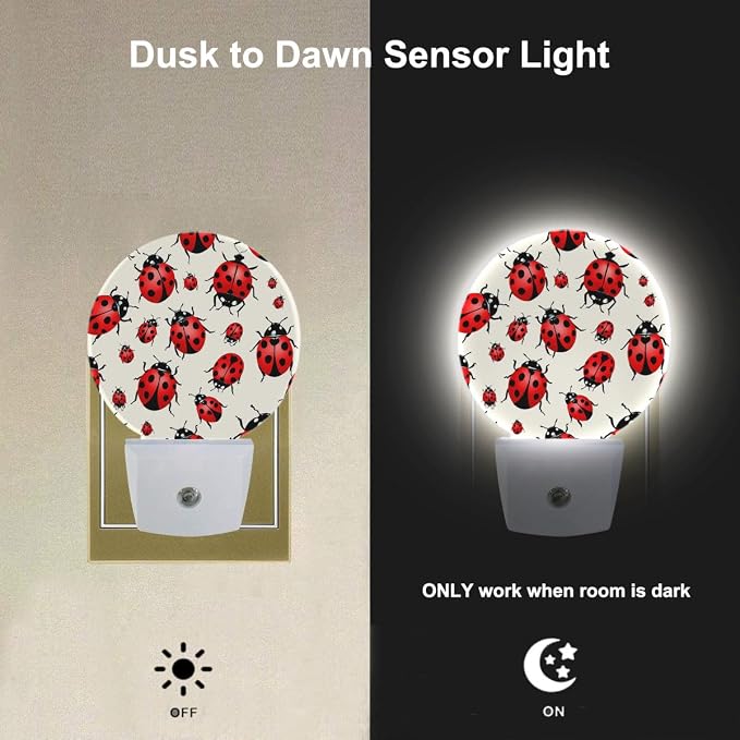 EKOBLA Cute Ladybug Night Light, Red Black Dots Ladybugs with Dusk to Dawn Light Sensors, Warm Nightlights for Bedroom, Bathroom, Hallway, Kitchen