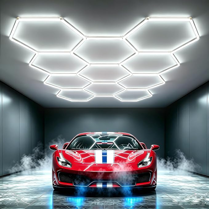 Bevenus Hexagon LED Garage Light, 322W 6500K Super Bright Honeycomb Ceiling Light, Easy Install DIY Hex Light for Workshop Warehouse Gym Auto Detailing Commercial Exhibition Hall (11 Grids)