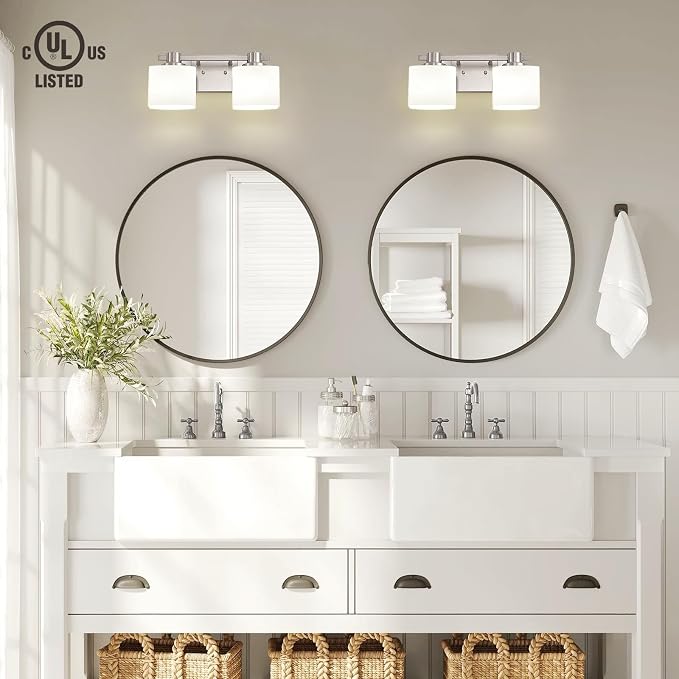 15 Inch Brushed Nickel Vanity Light for Bathroom 2 Light Bathroom Light Fixtures Over Mirror Milk Glass Makeup Shower Lamp Farmhouse Wall Sconce