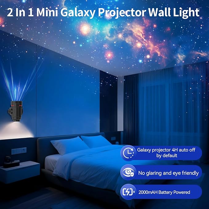 Portable Mini Galaxy Projector Wall Light with Rechargeable Battery Operated Planetarium Star Projector Starry Sky Space Solar System Moon Nebula for Bedroom Hallway Ceiling Car Roof Tent Decor