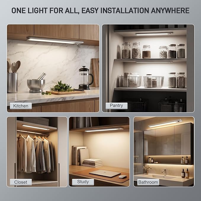 4Pack Aluminum Under Cabinet Lighting, 12inch Rechargeable Ultra-Thin Magnetic Motion Sensor Closet Lights, 3 Colors & Dimmable, USB-C Wireless Under Counter Lights for Kitchen, Pantry, Wardrobe
