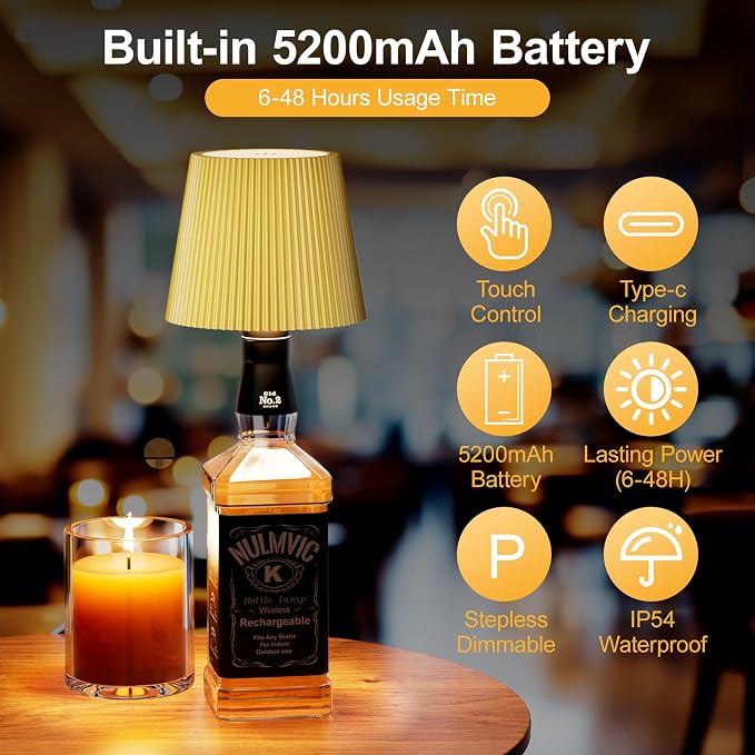 2 Pack Wine Bottle Lamps, 2026 New 3 Color Rechargeable Wireless Bottle Lamps, Bottle Light for Liquor Bottles with Touch Dimming for Parties, Restaurants & Home Decor（Yellow）