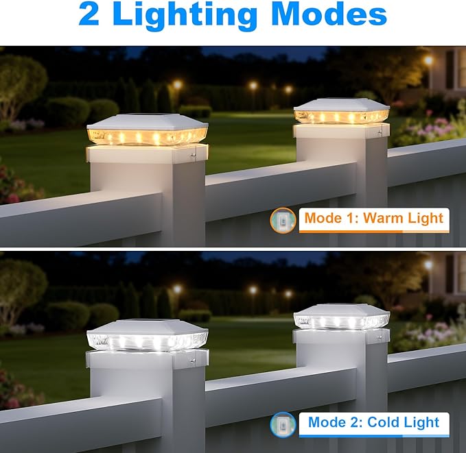 NIORSUN Solar Post Cap Lights Outdoor Waterproof, 2 Lighting Modes 4x4 Post Solar Lights, Fence Posts Solars Light for Deck Patio Garden Decoration, 4x4 Posts Caps Wood Vinyl, 6 Pack (White)