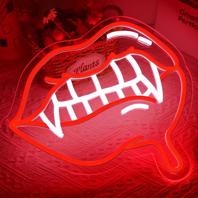 AHlove Fangs Neon Sign for Wall Decor，LED Neon Lights for Game Room、Man Cave，Birthday、Christmas Gifts for Teen Boys and Girls