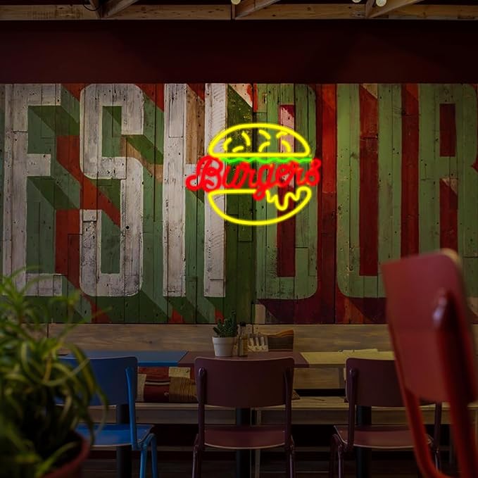 Hamburger Neon Sign USB Powered Wall Decor | Adjustable Brightness, Energy Efficient, 3D LED Light, Restaurant Bedroom Cafe Kids Room, 12.8x16.7in