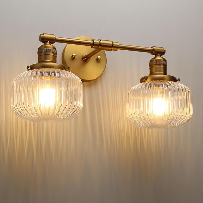 Phansthy Vintage Hardwired Sconces Wall Lighting, Bathroom Vanity Light Fixtures Antique Brass, Modern Wall Light with Clear Striped Glass Shade for Bedroom Fireplace Hallway (Antique Gold, Two-Light)