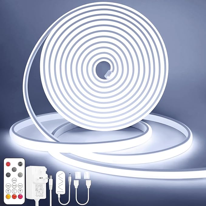 Lamomo COB LED Strip Lights, 32.8Ft White Dimmable Self-Adhesive Led Rope Light with Remote, Flexible Cuttable Waterproof 6000K Silicone Neon Tape Light for Bedroom,Indoor, Cabinet, 10mm Width