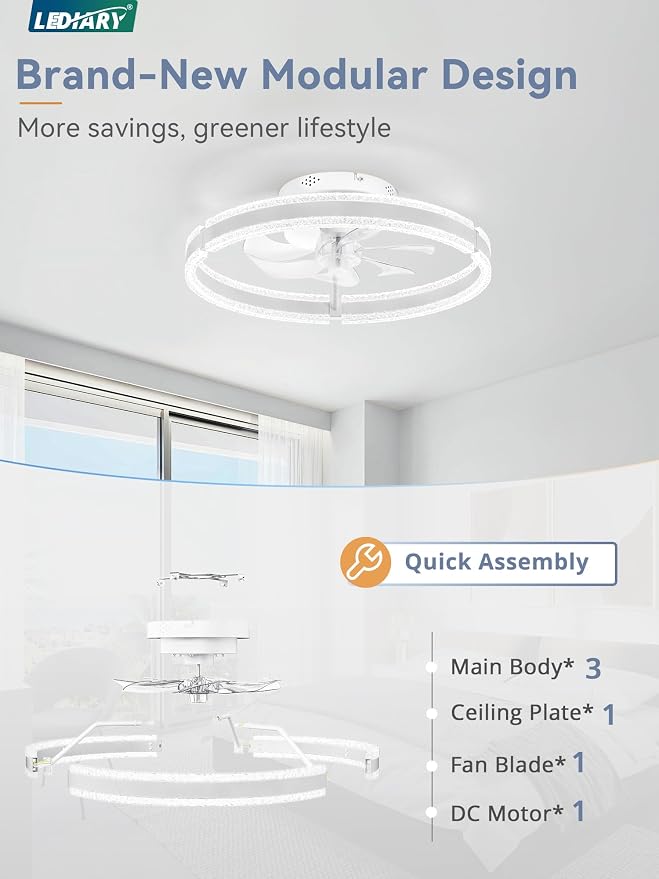 LEDIARY Ceiling Fans with Lights and Remote, 20'' Low Profile Ceiling Fan with Light, 3000-6000K Dimmable Fandelier Ceiling Fans, Modern Flush Mount Fan Light for Bedroom with 6 Wind Speeds- White | 3000-6000K Dimmable LED, 6 Wind Speeds, Quiet Reversi...