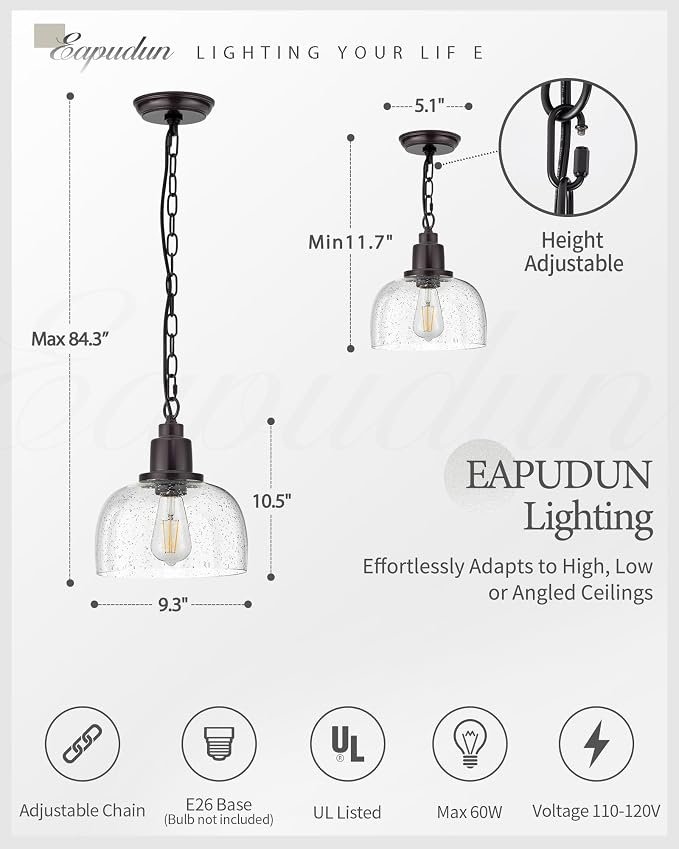 EAPUDUN 1-Pack Farmhouse Pendant Light, 1-Light Industrial Hanging Light Fixture with 9.3" Round Seeded Glass Shade, Dark Bronze Finish, Vintage Ceiling Lighting for Kitchen Island & Dining Room