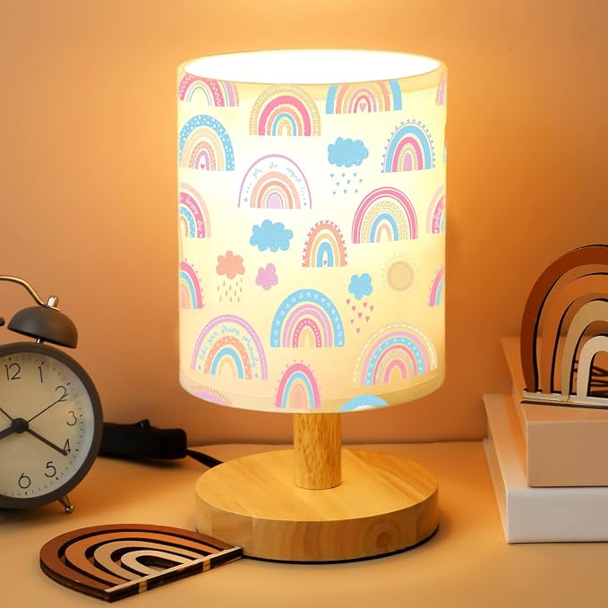 Rainbow Kids Table Lamp for Bedroom Kids Bedside Lamp with Linen Wooden Nightstand Cartoon Nursery Lampshade for Girls Boys Living Room
