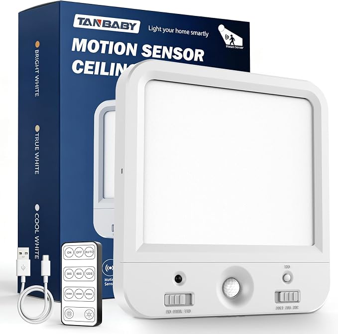 TANBABY Rechargeable Motion Sensor Ceiling Light, Wireless Remote, 7-Inch | Wireless LED Shower Light, 8000mAh Battery Long Lasting Closet Light, 3 Color Dimmable, Timer, No Wiring for Hallway Pantry