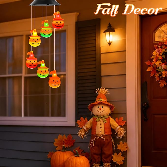Winzwon Halloween Decorations Fall Decor Solar Pumpkin Outdoor Lights | Birthday Gifts for Women, Autumn Garden Yard Patio Porch Decor Hanging Wind Chimes for Outside
