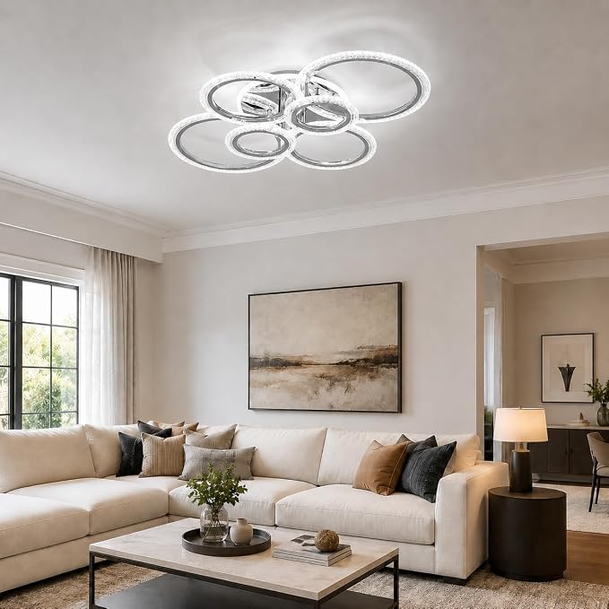 Garwarm Modern LED Flush Mount Ceiling Light with Remote, 6 Ring Chrome | 76W Dimmable LED Ceiling Fixture,3000K-6000K Adjustable Lighting for Low Ceiling Living Room, Dining Room ,Kitchen,Bedroom