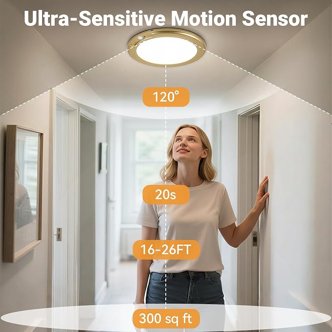 Gold Wireless Closet Lights Motion Sensor Rechargeable Ceiling Light Indoor | Battery Operated Led Night Lights for Bedroom with Remote, Living Room Bathroom Home & Kitchen Decor Lighting