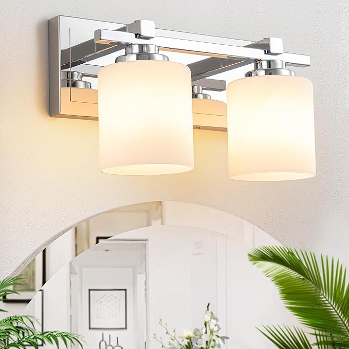 Modern Bathroom Light Fixtures Over Mirror, Vanity Lights for Bathroom Wall Sconces with Milky White Glass Shades, E26 Socket (Bulbs Not Included), 2 Light, Chrome