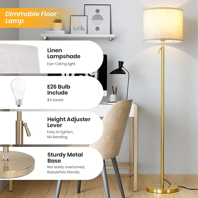 Floor Lamp Height Adjustable with Remote for Living Room and Bedroom Gold | 55"- 67" Height Adjustable Gold Standing Lamp with Dimmable 12W LED Bulb - Tall Stand Light with Shade for Corner Lighting
