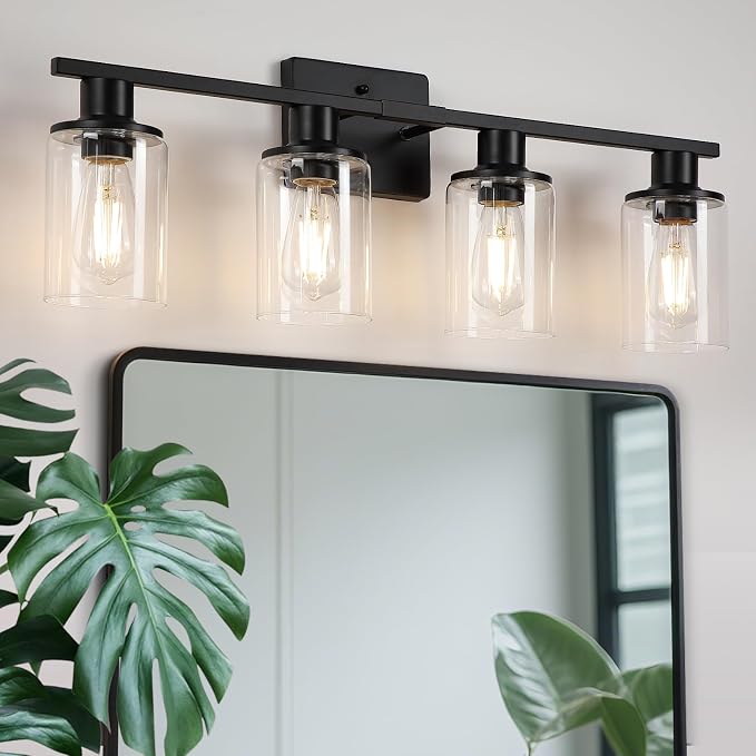Matte Black Bathroom Light Fixtures Over Mirror,4-Light Bathroom Vanity Light with Clear Glass Shade,Modern Farmhouse Wall Sconces Lighting for Mirror Kitchen Living Room Cabinet