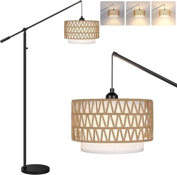 【Upgraded】Boho Arc Floor Lamp with Adjustable Swing Arm, Farmhouse Rustic Floor Lamp with Rattan & Fabric Shades, Rattan Standing Lamp with 11W Bulb, Tall Lamp for Living Room Bedroom Office, Black